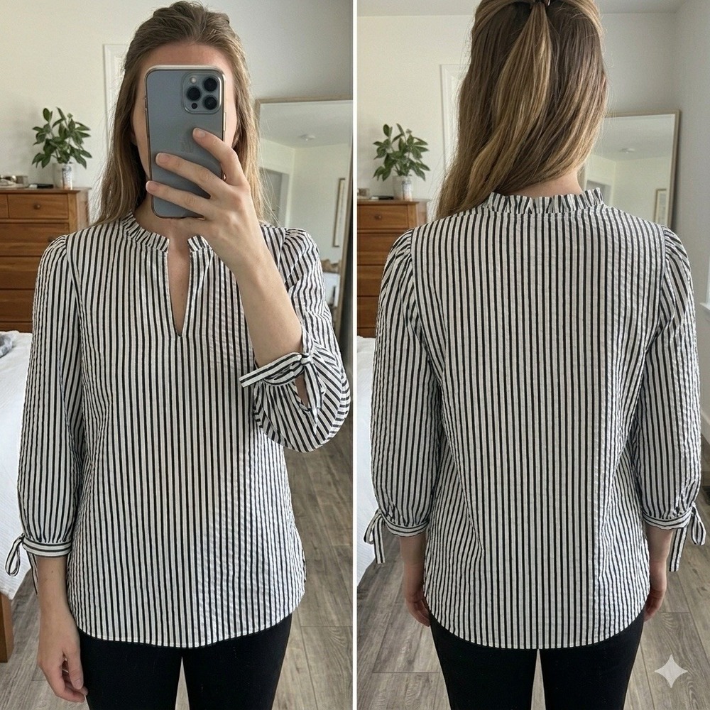 Ali‎ Miles Small Black White Striped Seersucker Blouse Tie Sleeve Split Neck